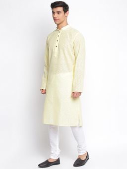 Sanwara - Men Light Yellow Cotton Solid Straight Kurta With Churidar (Set of 2)