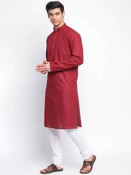 Sanwara - Men Maroon Cotton Chikankari Pattern Straight Kurta With Churidar (Set of 2)