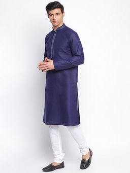 Sanwara - Men Deep Blue Cotton Solid Straight Kurta With Churidar (Set of 2)