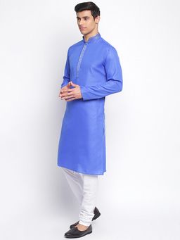 Sanwara - Men Ink Blue Cotton Solid Straight Kurta With Churidar (Set of 2)