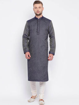 Sanwara - Navy Blue Solid Kurta (Set of 2)