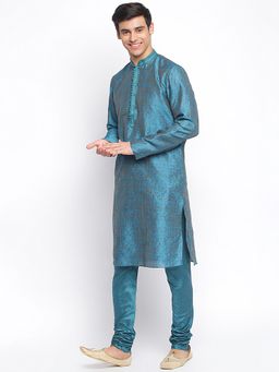 Sanwara - Men Firozi Art Silk Woven Straight Kurta With Churidar (Set of 2)