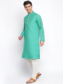 Sanwara - Men Green Art Silk Solid Straight Kurta With Churidar (Set of 2)