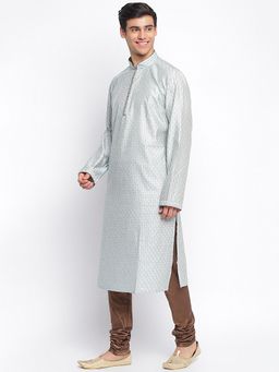 Sanwara - Men Powder Blue Art Silk Chickenkari Straight Kurta With Churidar (Set of 2)