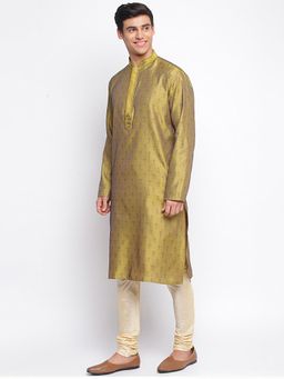 Sanwara - Men Gold Art Silk Woven Straight Kurta With Churidar (Set of 2)