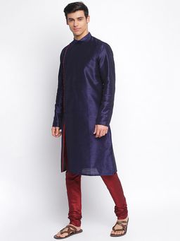 Sanwara - Men Deep Blue Art Silk Solid Straight Kurta With Churidar (Set of 2)