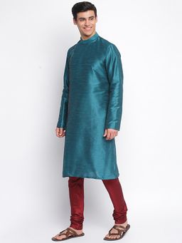 Sanwara - Men Deep Green Art Silk Solid Straight Kurta With Churidar (Set of 2)