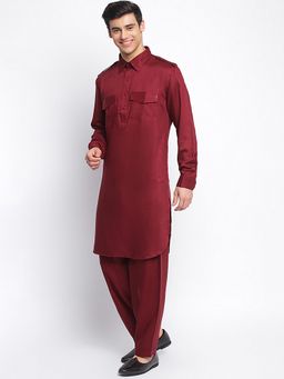 Sanwara - Men Maroon Cotton Solid Pathani Set