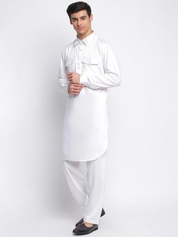 Sanwara - Men White Cotton Solid Pathani Set