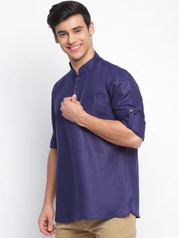 Sanwara - Men Deep Blue Solid Rolled Up Sleeves Short Kurta