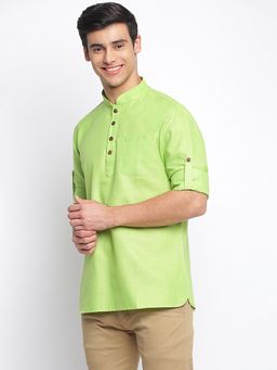 Sanwara - Men Light Green Solid Rolled Up Sleeves Short Kurta
