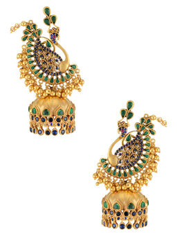 Tribe Amrapali - Silver Gold Plated Peacock Phulwari Jhumka Earrings
