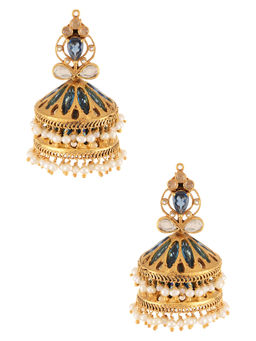 Tribe Amrapali - Silver Blue White Glass Double Jhumki Earrings