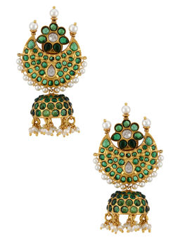 Tribe Amrapali - Gold Plated Silver Moon Flower Green Glass Jhumki Earrings