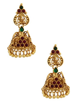 Tribe Amrapali - Silver Peacock Glass Temple Jhumka Earrings
