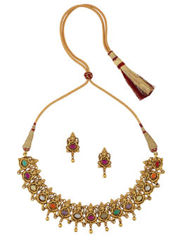 Tribe Amrapali - Gold Plated Silver Navratna Vinayaka Necklace Earrings (Set of 2)