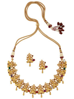 Tribe Amrapali - Silver Gold Plated Navratna Ganpati Necklace Earrings (Set of 2)