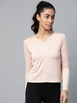 Fitkin - Women Peach-Coloured Self Design V-Neck T-Shirt