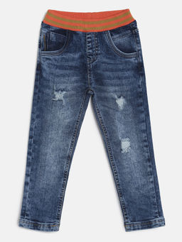 Tales & Stories - Medium Blue Slim Fit Solid Low Distress Cotton Jeans