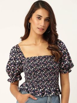 Trend Arrest - Navy Blue Printed Crop Top