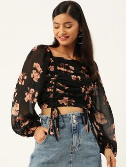 Trend Arrest - Black Ruched Printed Top