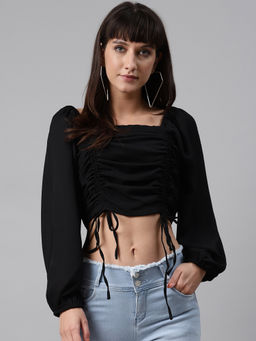 Trend Arrest - Black Solid Ruched Top