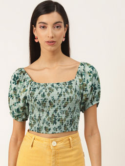 Trend Arrest - Green Floral Smocking Crop Top