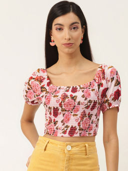 Trend Arrest - Light Pink Floral Smocking Crop Top
