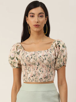 Trend Arrest - Beige Floral Smocking Crop Top