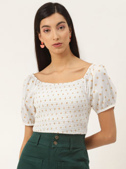 Trend Arrest - Ivory Polka Dots Smocking Crop Top