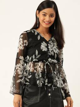Trend Arrest - Black Floral Drawstring Top
