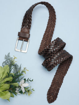 Teakwood - Dark Brown Patterned Genuine Leather Braided Belt