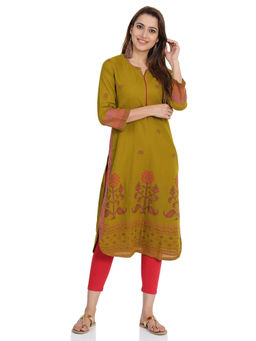 Biba - Olive Printed Straight Kurta
