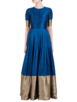 trueBrowns - Blue Kela Silk Gold Border Gown Dress