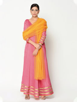 trueBrowns - Pink Stripe Border Suit Dress With Dupatta