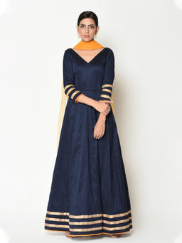trueBrowns - Blue Stripe Border Suit Dress With Dupatta