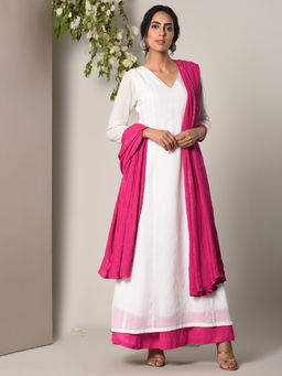 trueBrowns - White Pink Border Dress With Pink Golden Crinkle Dupatta Set