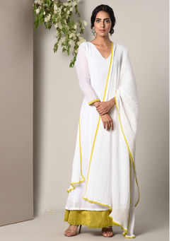 trueBrowns - White Green Border Dress With Crinkle Green Lace Dupatta Set