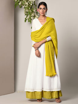 trueBrowns - White Green Border Dress With Green Crinkle Dupatta Set