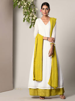trueBrowns - White Green Border Dress With Green Silver Crinkle Dupatta Set
