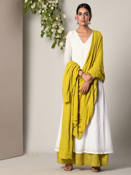 trueBrowns - White Green Border Dress With Green Golden Crinkle Dupatta Set