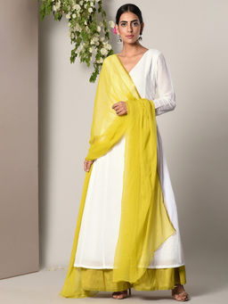 trueBrowns - White Green Border Dress With Green Chiffon Dupatta Set