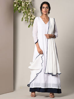trueBrowns - White Blue Border Dress With Crinkle Blue Lace Dupatta Set