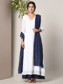 trueBrowns - White Blue Border Dress With Blue Crinkle Dupatta Set