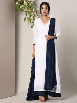 trueBrowns - White Blue Border Dress With Blue Silver Crinkle Dupatta Set