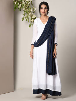 trueBrowns - White Blue Border Dress With Blue Golden Crinkle Dupatta Set