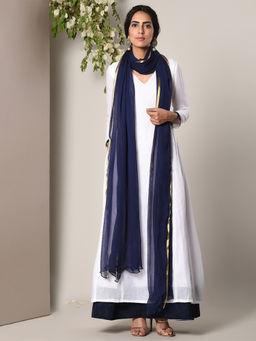 trueBrowns - White Blue Border Dress With Blue Chiffon Dupatta Set