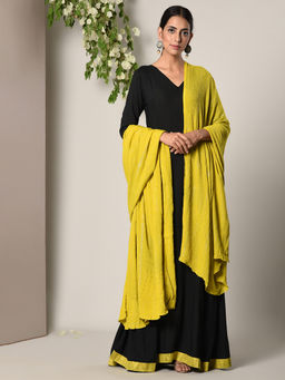 trueBrowns - Black Green Border Dress With Green Silver Crinkle Dupatta Set