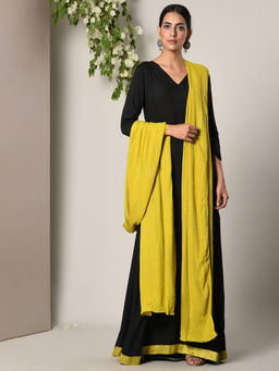trueBrowns - Black Green Border Dress With Green Golden Crinkle Dupatta Set