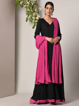 trueBrowns - Black Pink Border Dress With Pink Golden Crinkle Dupatta Set